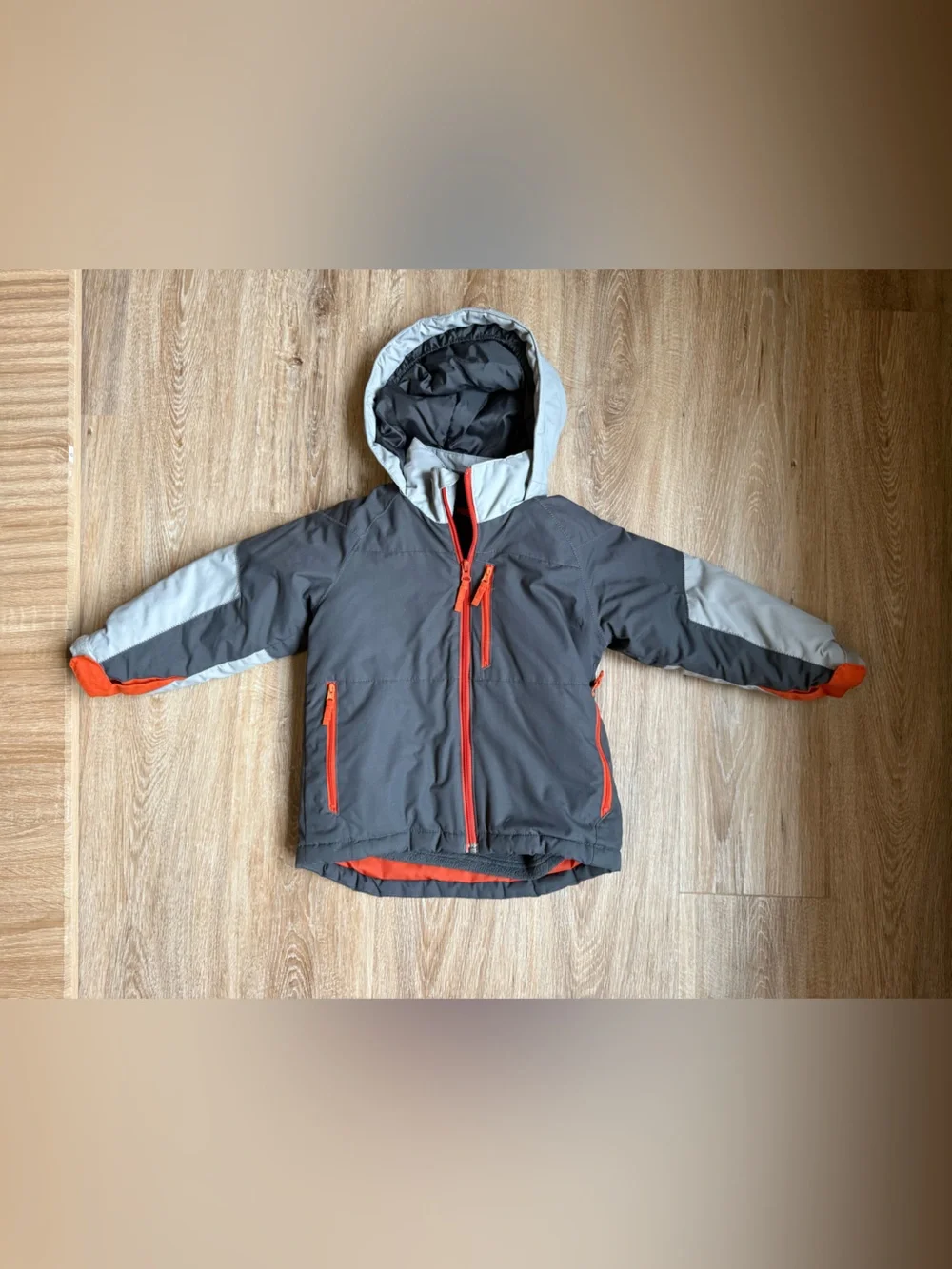 Kids Gray & Orange Hooded Winter Jacket